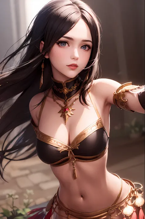 (masterpiece:1.2), (best quality:1.2), perfect eyes, perfect face, perfect lighting, 1girl, mature female dancing in a tavern, long hair hair, (dark-skinned), dnc_glam, silk, jewelry, fantasy, detailed background