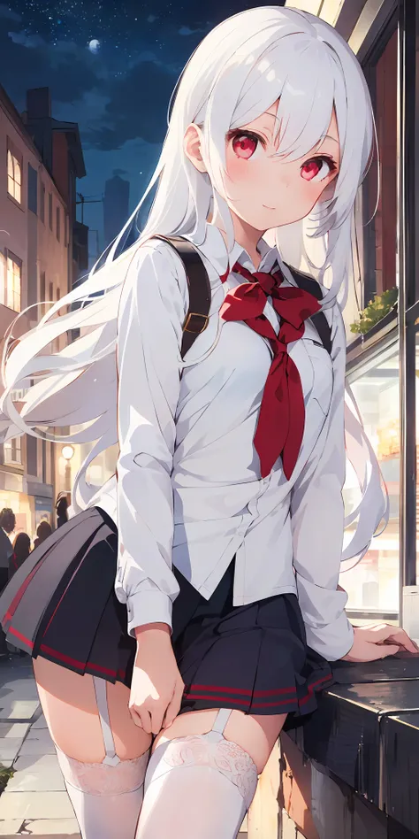 1girl, beautiful detailed eyes, long white hair, light red eyes, school uniform, high white stocking, lustrous skin, city, night, high contrast, ((masterpiece, best quality))