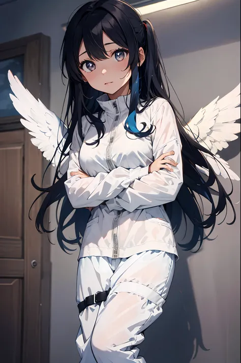 (masterpiece),
solo,1girl, standing,blue hair, long hair,glowing eyes, no pupils, angel, angel wings, feathered wings, halo, heart-shaped pupils, standing,surgical mask,