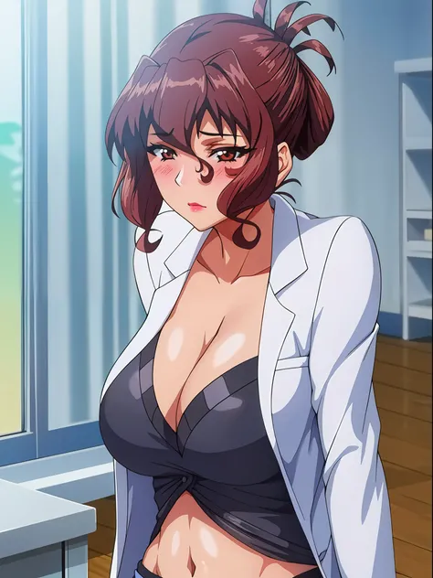 (beautiful hand:1.2), (masterpiece, best quality:1.3), Aiko Katsuragi, mature female, (half body shot:1.05), milf, 1girl, anime face, labcoat, makeup, huge breasts, lipstick, brown eyes, folded ponytail, brown hair, cleavage, perfect body, (gorgeous body:1...
