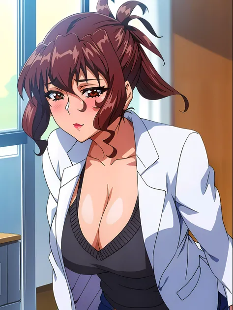 (beautiful hand:1.2), (masterpiece, best quality:1.3), Aiko Katsuragi, mature female, (half body shot:1.05), milf, 1girl, anime face, labcoat, makeup, huge breasts, lipstick, brown eyes, folded ponytail, brown hair, cleavage, perfect body, (gorgeous body:1...