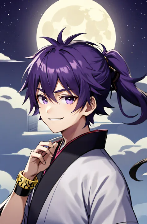 detailed 14 year old boy face looking at camera, purple eyes, sly smile