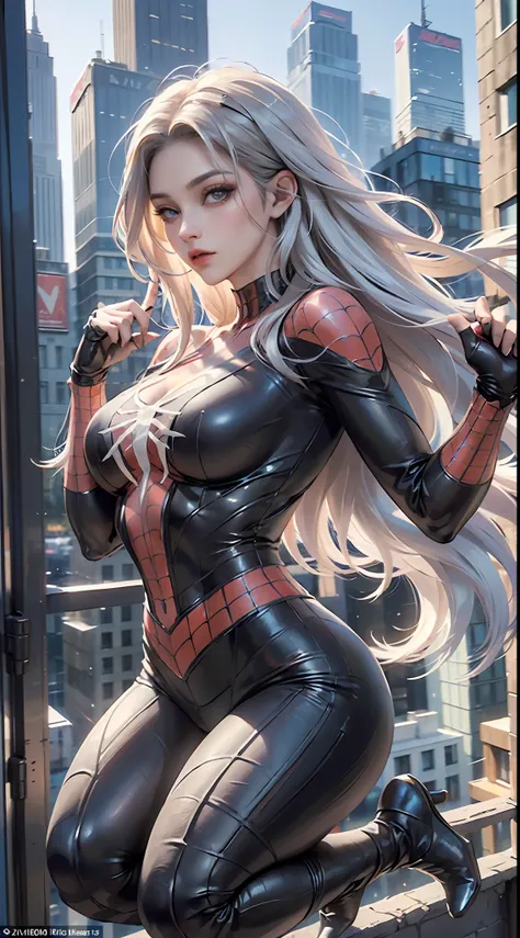 (masterpiece, 4k resolution, ultra-realistic, very detailed), (white superhero theme, charismatic, there's a girl on top of town...