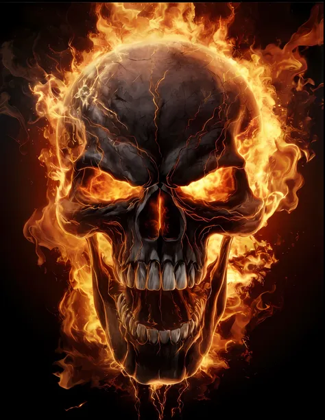 a closeup of a skull with flames on its face, flaming skull, fiery skull contemplating life, motoqueiro fantasma, glowing red sk...