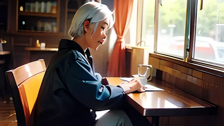 "a girl with white hair sitting in a cafe, anime style, looking directly at the camera, front view."