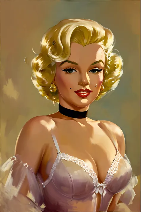 a painting of  marilyn monroe an with blonde 50s hair style, wearing lingerie, in the art style of gil elvgren, award winning, m...