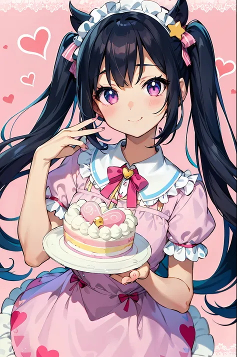 holding a cake in hand、anime girl with heart-shaped background, anime moe art style, anime visuals of cute girls,deformed、cartoo...