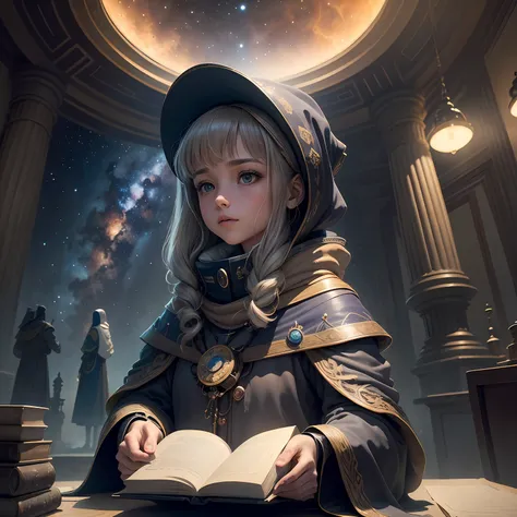 Desenhe ou crie uma imagem que retrate Sofia, The protagonist of the story "A Jornada das Estrelas: Em Busca do Brilho Interior". Nesta cena, Sofia is at an astronomical observatory, surrounded by telescopes and advanced scientific instruments.
She is wea...