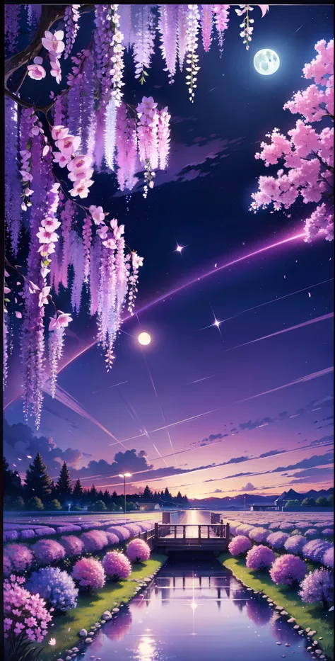 backround, cg, pnon, night, moon, wisteria, cheery blossom, one side is sky and the other is pond, panorama, ray tracing, reflec...