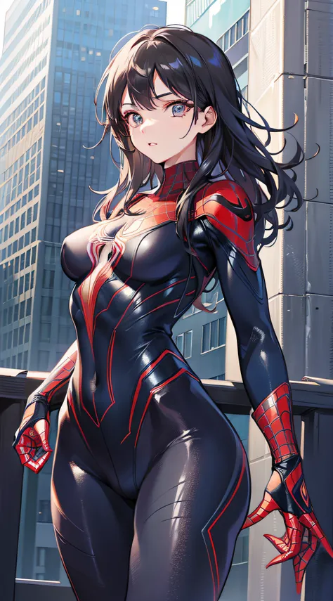 female spider-man，all-inclusive tights，sexy standing pose，standing on top of the building