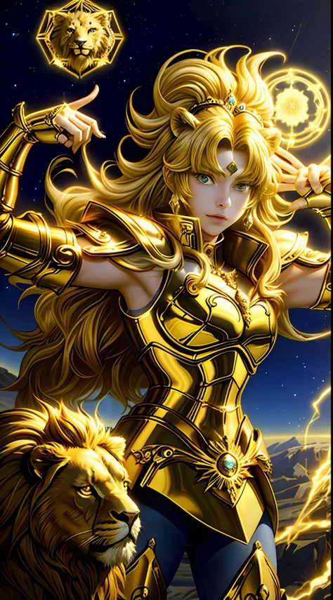 （tmasterpiece）， （best qualtiy）， （1girll）， girl in golden armor， cool-pose，magic golden leo astrolabe，yellow-haired people，next t...