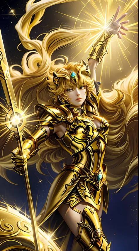 （tmasterpiece）， （best qualtiy）， （1girll）， girl in golden armor，saint seiya armor， cool-pose，magic golden leo astrolabe，yellow-ha...