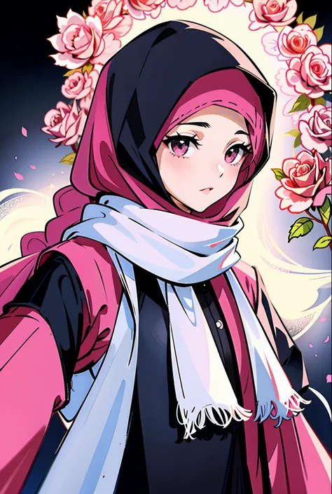 a veiled muslim girl wearing a scarf carrying roses rose, pink flowers blank background even lighting loose clothes calm face ca...