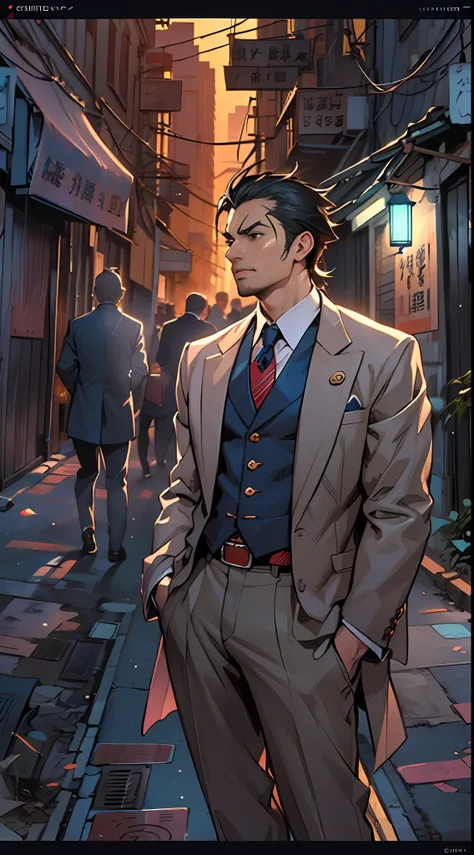 a man in a suit is standing by an alleyway in a city, in the style of masamune shirow, kathrin longhurst, lively action poses, c...