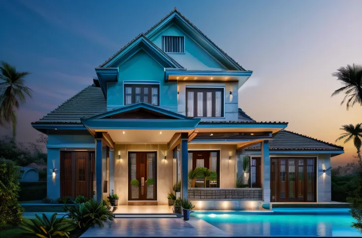 RAW photo,Masterpiece, high quality, best quality, authentic, super detail, 8k uhd, dslr, high quality,exterior,((modern villa:1.5)),nature,(create special projects:1.5), ((pool:0.9)),(( road:1.2)),