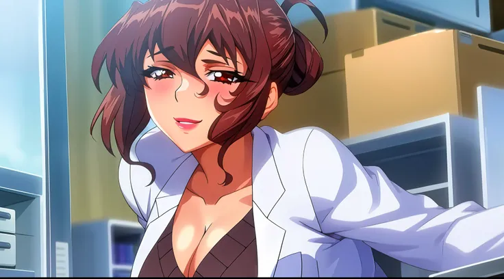 (beautiful hand:1.2), (masterpiece, best quality:1.3), Aiko Katsuragi, mature female, beautiful face, pretty face, (half body shot:1.05), 1girl, makeup, big breasts, lipstick, brown glowing eyes, folded ponytail, brown hair, cleavage, perfect body, (sexy b...