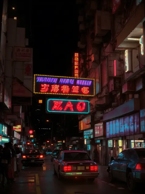 8K, RAW, Cinema lenses, cyberpunk style, Synth waves, ultra-realistic realism, Cars parked on the street in front of neon signs, Kowloon, Hong Kong, cyberpunk personage, neon signs in the background, neon lights above shops, retro-futurism, high resolution...