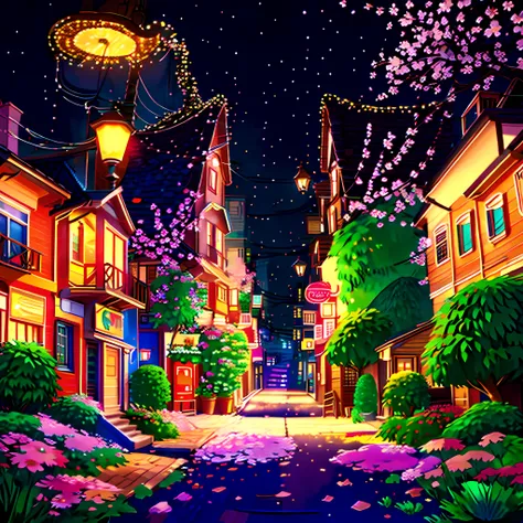 small houses in a city decorated with flowers and lights, small road, crowded, night view, raining, realistic, 4k