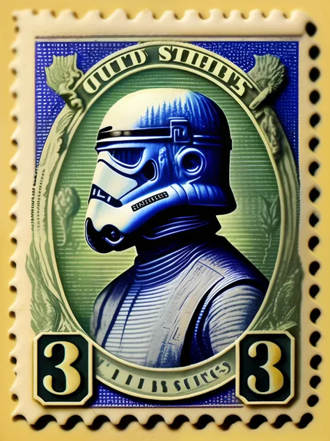 vintage United States Postage Stamp, 3 cent stamp, Stormtrooper full body, purple ink, line engraving, intaglio