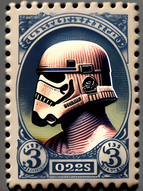 vintage United States Postage Stamp, 3 cent stamp, Stormtrooper full body, purple ink, line engraving, intaglio