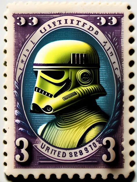 vintage United States Postage Stamp, 3 cent stamp, Stormtrooper full body, purple ink, line engraving, intaglio
