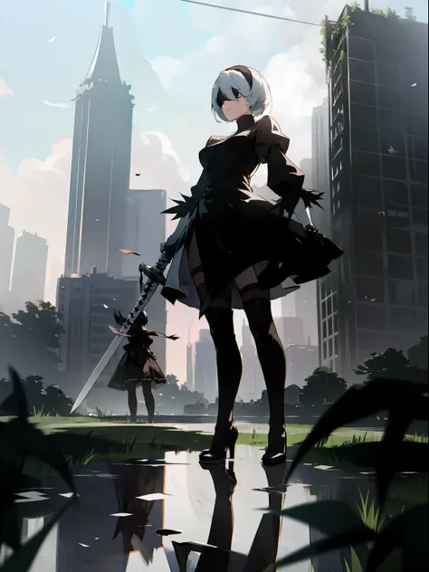 masterpiece, best quality, detailed face, extremely detailed, yorha no. 2 type b, 1girl, solo, absurdres, 8k, black blindfold, b...