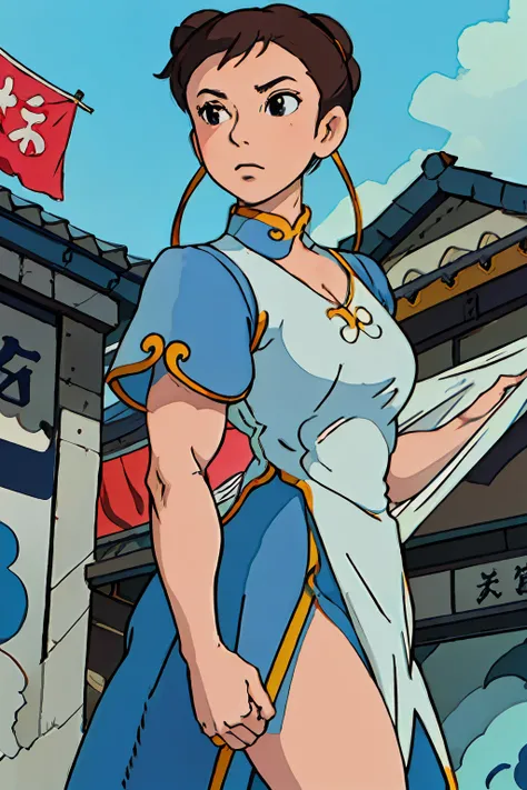 (masterpiece:1.2, best quality), (highly detailed:1.3), perfect anime illustration, chun-li, (chun-li hairstyle), white panties, blue dress, serious, muscles, china town, ghibli style