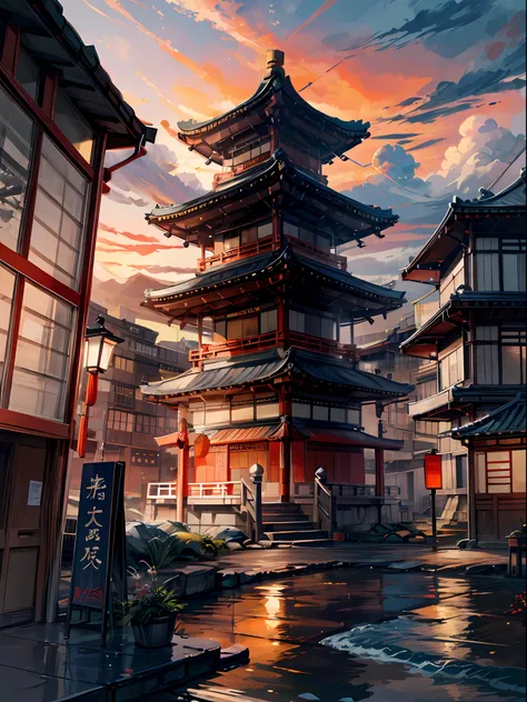 Ancient china, city, mountain, shrine, pagoda, waterfall,mesmerizing view,calm, cloud ,houses ,digital painting, sunset,wind up,concept art, illustration,