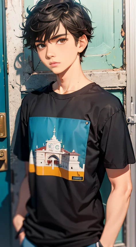 um garoto chamado John de 15 anos de idade, corpo inteiro, With your back to the camera (((Perfil costeiro))), usando shots azul e camiseta preta lisa sem imagem, Standing against a door with arms crossed, pele branca, olhos pretos, fleshy lips, cabelo pre...
