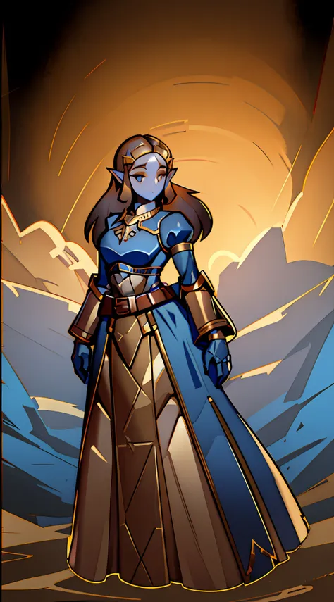 botw zelda wearing heavy knight armor, botw themed knight armor, royal blue and gold armor, thick armor plating, gold accents wi...