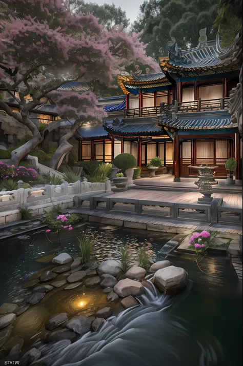 lakeside, ((waterfallr)), chinese mansion, small rivers, western-style garden, decorated with flowers,detail-rich, a fusion of c...