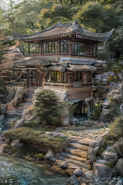 lakeside, ((waterfallr)), chinese mansion, Small rivers, Western-style garden, Decorated with flowers,detail-rich, A fusion of classic and modern, sonoko, Traditional elements, Modern design, Waterfront, luxury goods, Gorgeous, Pavilions, courtyard, Tradit...