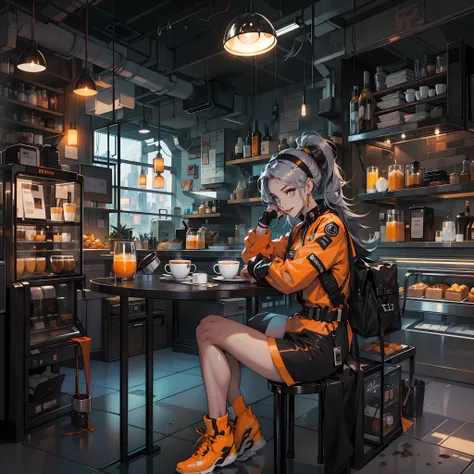 Best quality,tmasterpiece,Ultra-high resolution fills the picture,Indoor at night,Cafe in the sky,Orange color scheme for the café,There was coffee and wine,the night,inside in room,Coffee machine,Coffee lockers,Orange neon color scheme,Silver-white hair,B...