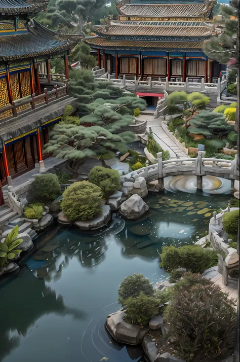 lakeside, ((waterfallr)), chinese mansion, small rivers, western-style garden, decorated with flowers,detail-rich, a fusion of c...