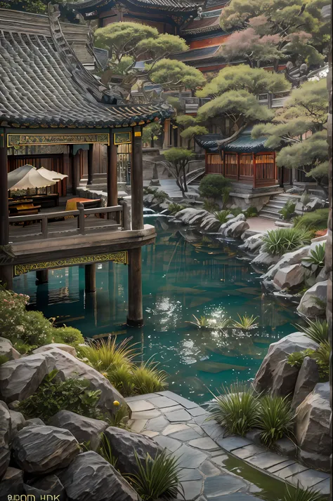 lakeside, ((waterfallr)), chinese mansion, small rivers, western-style garden, decorated with flowers,detail-rich, a fusion of c...