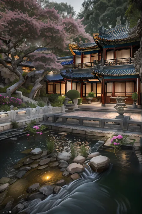 lakeside, ((waterfallr)), chinese mansion, small rivers, western-style garden, decorated with flowers,detail-rich, a fusion of c...