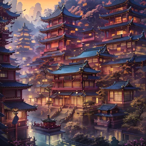 asian architecture in the city asian architecture in the city at night with boats passing by， dreamy chinese towns， chinese anci...