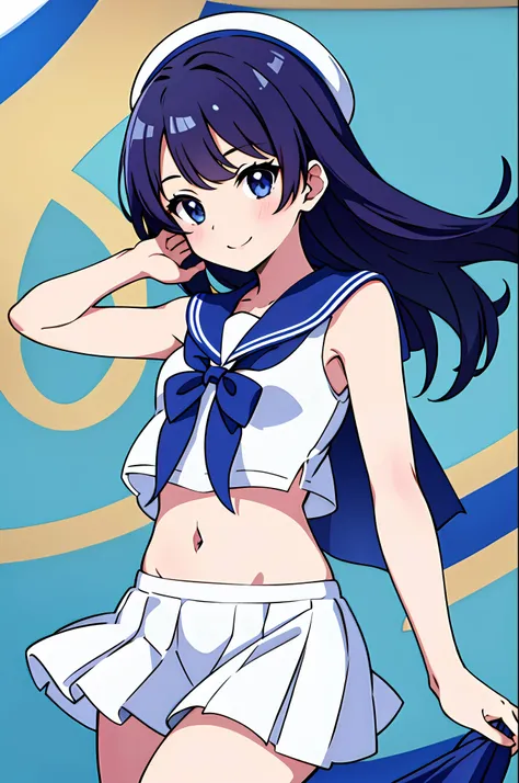 ​masterpiece, top-quality, hi-res,1 girl in、a sailor suit、a navel、a miniskirt、symple background、ssmile、