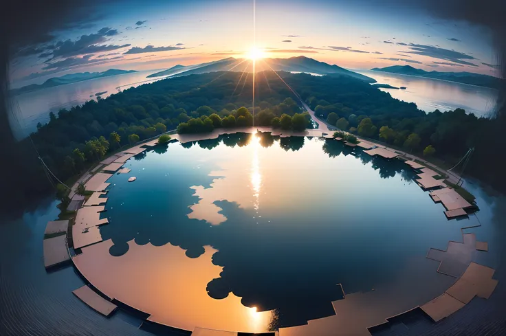 there is a woman standing on a dock in the middle of a lake, (((top-down view:1.5))), ((distant view)),infinity pool mirrors, in...