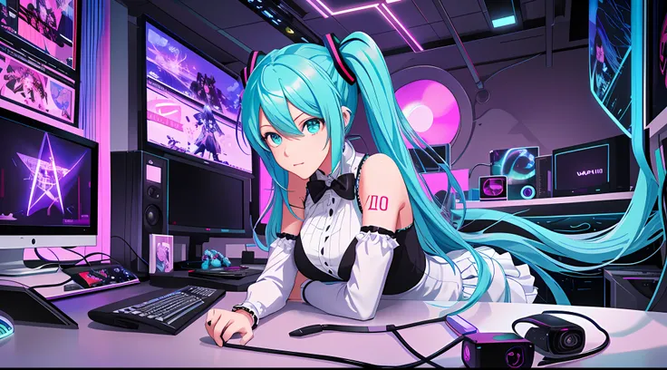 （tmasterpiece），（most best illustration），（big breasts hatsune miku），anime backgrounds，game bedroom，tv with mainframe computer，rin...