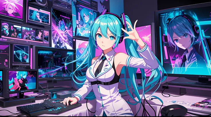 （tmasterpiece），（most best illustration），（big breasts hatsune miku），anime backgrounds，game bedroom，tv with mainframe computer，rin...