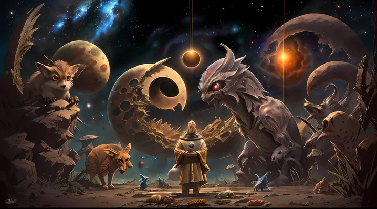Encontro com as Criaturas: Uma cena que mostra o Grande Arquiteto em sua forma humana, Encountering different creatures of various species in a cosmic setting, com um tom de paz e serenidade.