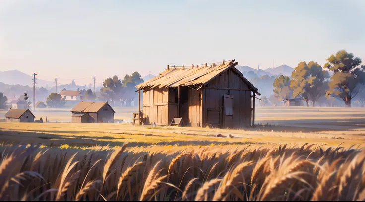 the atmosphere is filled with a breath of loneliness and desolation, small farm in burma, with a distant and simple house after ...