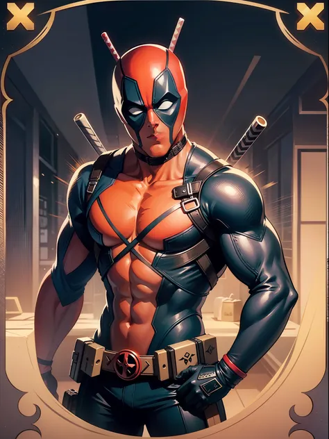 a game card and border design of [deadpool masculino] with decorated borders and icons, no estilo da capcom, cores vibrantes, pa...