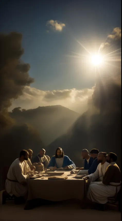 In the image we see Jesus at the head of the table quoting a parable to the scribes and Pharisees, imagens rica em detalhes, retratando o tempo, best high-quality ultra-realistic image possible, a luz do sol brilhante ao fundo entre nuvens