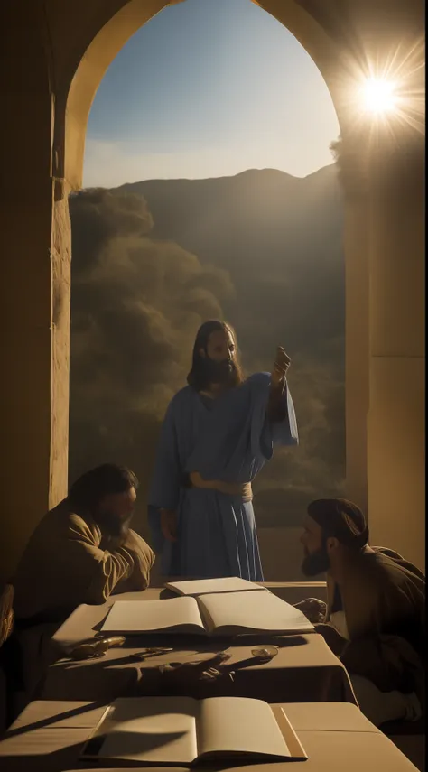 In the image we see Jesus at the head of the table quoting a parable to the scribes and Pharisees, imagens rica em detalhes, retratando o tempo, best high-quality ultra-realistic image possible, a luz do sol brilhante ao fundo entre nuvens