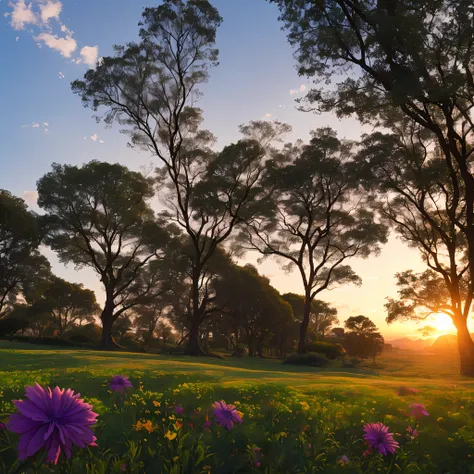 jardim de flores, com abelhas, por do sol, 4k --auto