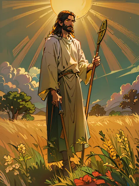 painting of a man with a cane in a field, greg olsen, jesus christ, retrato de jesucristo, jesus of nazareth, jesus, uno de los ...