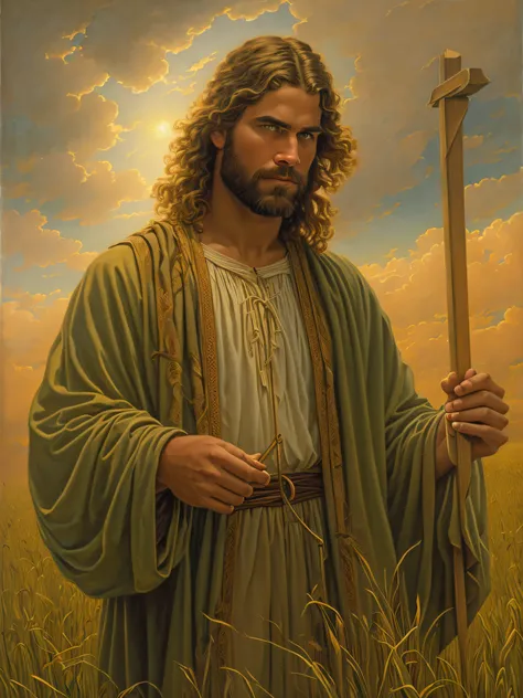 painting of a man with a cane in a field, greg olsen, jesus christ, retrato de jesucristo, jesus of nazareth, jesus, uno de los ...