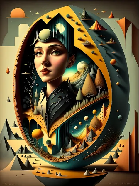 crear una pintura que combine los estilos del surrealismo, modernismo, cubismo, y art deco, con influencias del constructivismo ...